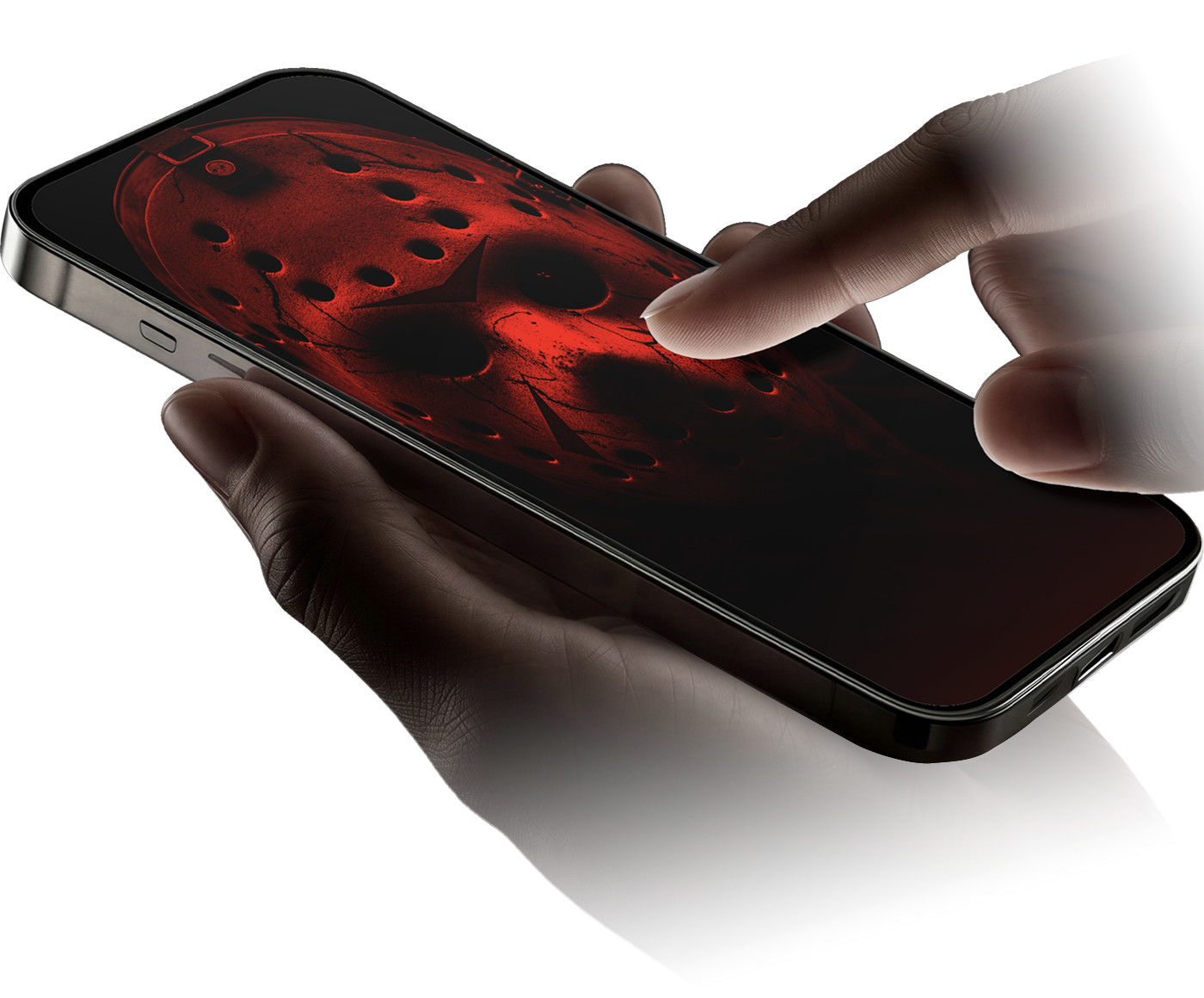 A finger about to tap a Jason Voorhees and Michael Myers lockscreen glowing green