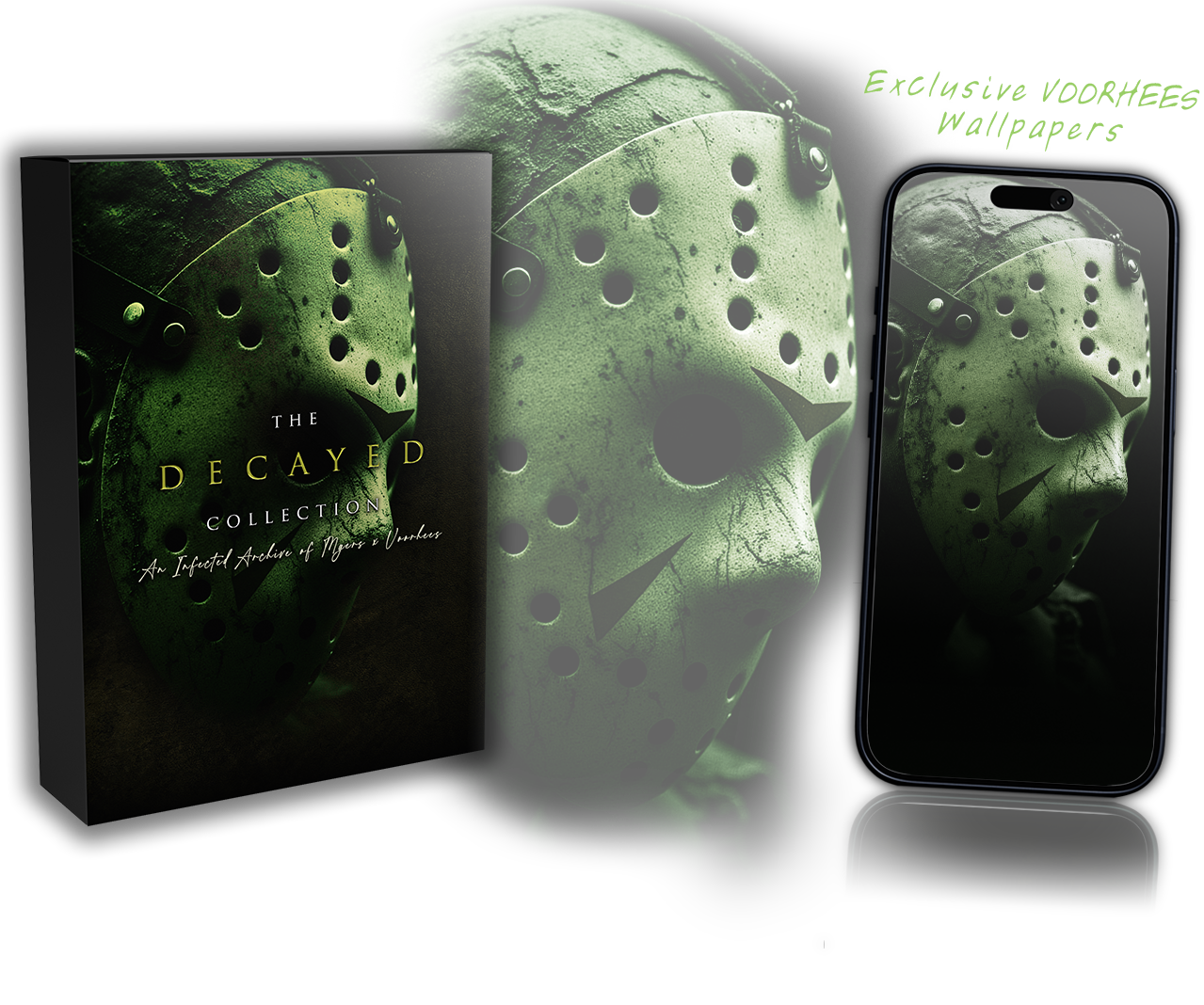 THE DECAYED Collection — product box, character, and the wallpaper on an iPhone lockscreen