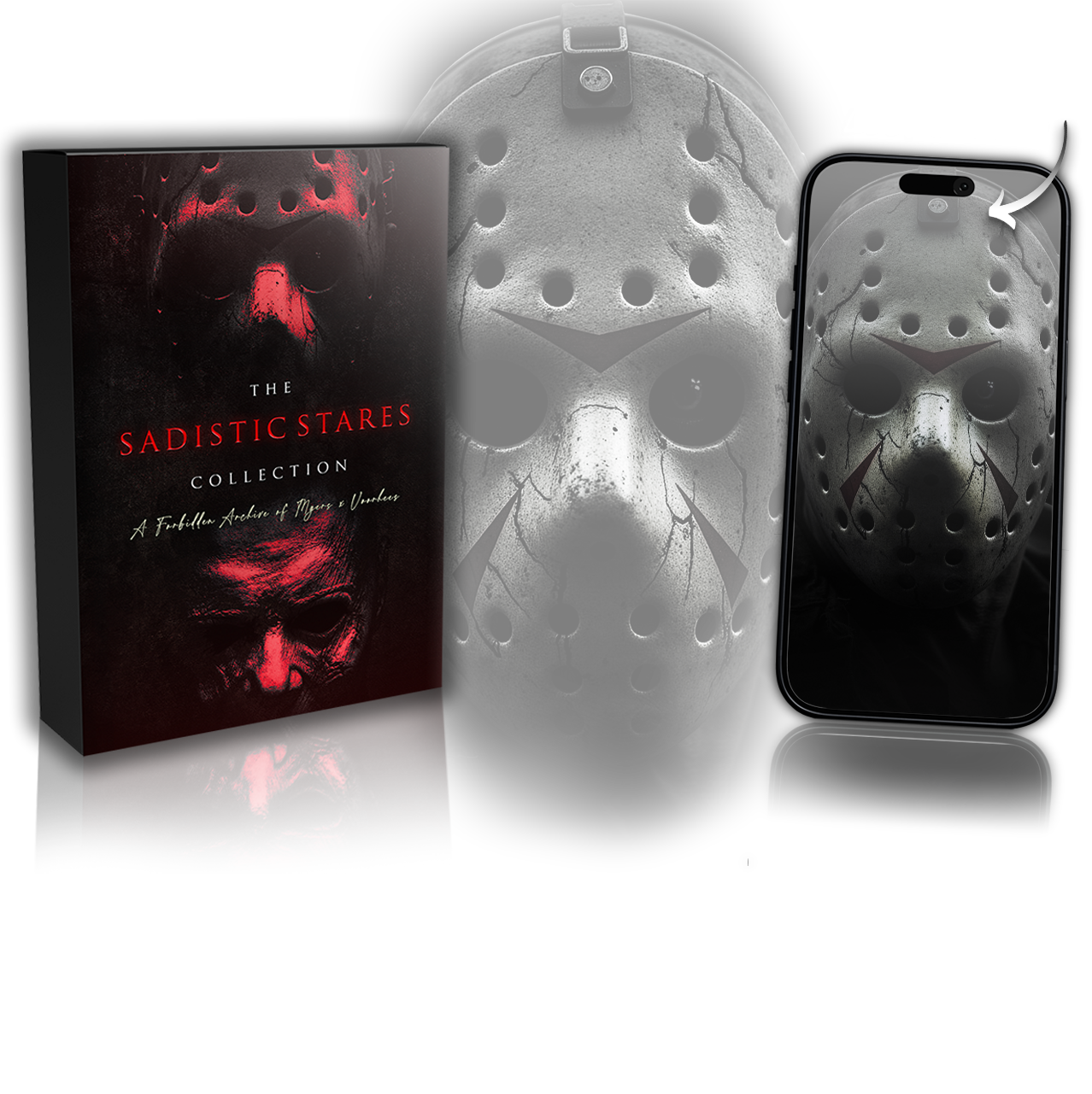 THE SADISTIC STARES Collection — product box, character, and the wallpaper on an iPhone lockscreen